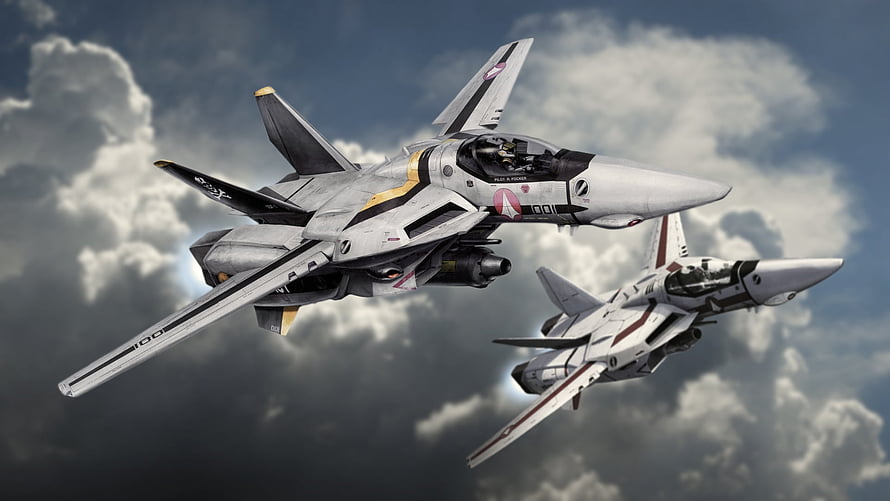Macross Veritech Fighter Jets in Formation Flight Against Dramatic Cloudy Sky HD wallpaper