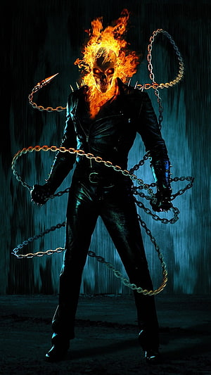 Ghost Rider Fiery Skull and Chains in Dark Rainy Setting HD phone wallpaper