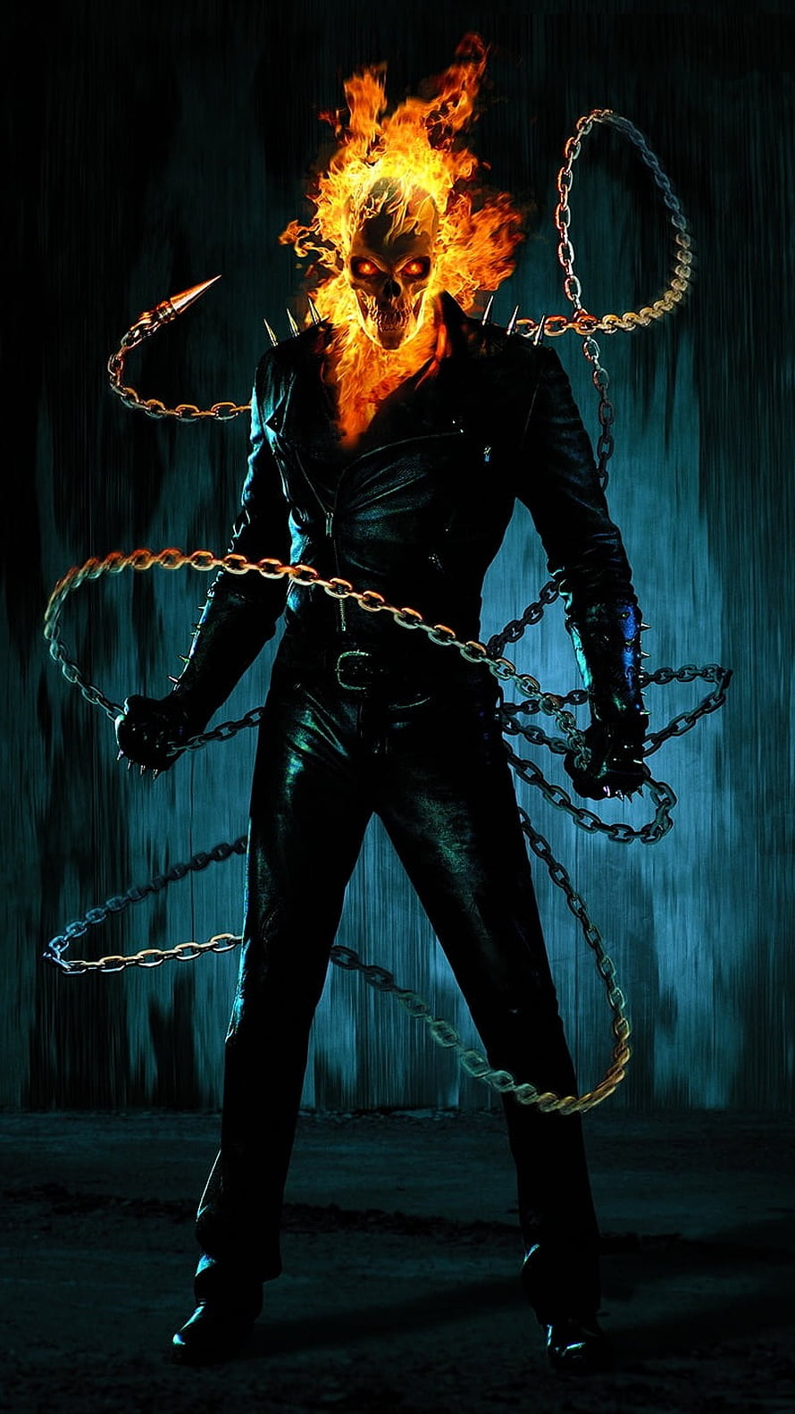 Ghost Rider Fiery Skull and Chains in Dark Rainy Setting HD phone wallpaper
