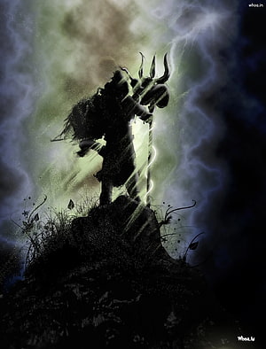 Lord Shiva Dark Silhouette with Trident Amidst Lightning Storm HD phone wallpaper