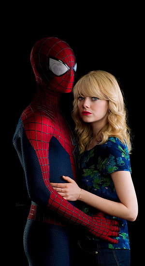 Spider-Man and Emma Stone in The Amazing Spider-Man 2 promotional portrait, The amazing spiderman, Emma stone, tie, Peter Parker, Andrew Garfield HD phone wallpaper