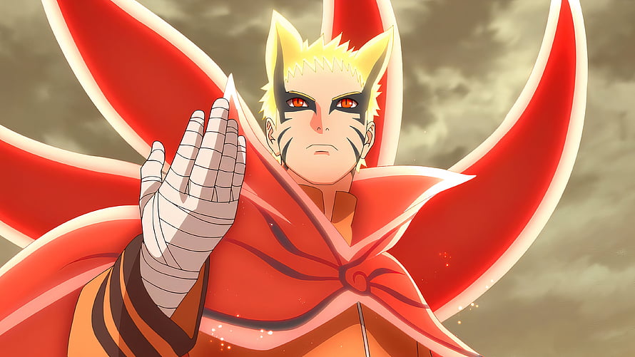 Naruto Uzumaki in Baryon Mode with Red Chakra Wings and Bandaged Hand HD wallpaper