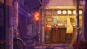 Doggie Corgi Animated Night Scene at a Cozy Japanese Street Food Stall HD wallpaper
