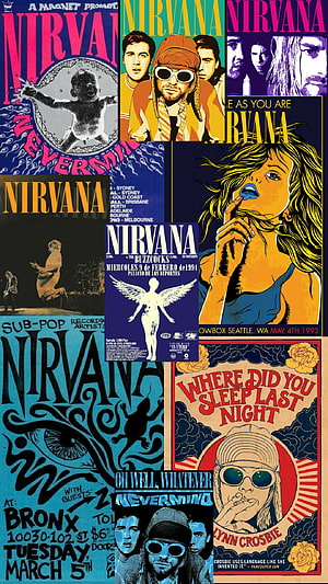 Nirvana Concert Poster Collage Featuring Kurt Cobain and Classic Rock Artwork HD phone wallpaper