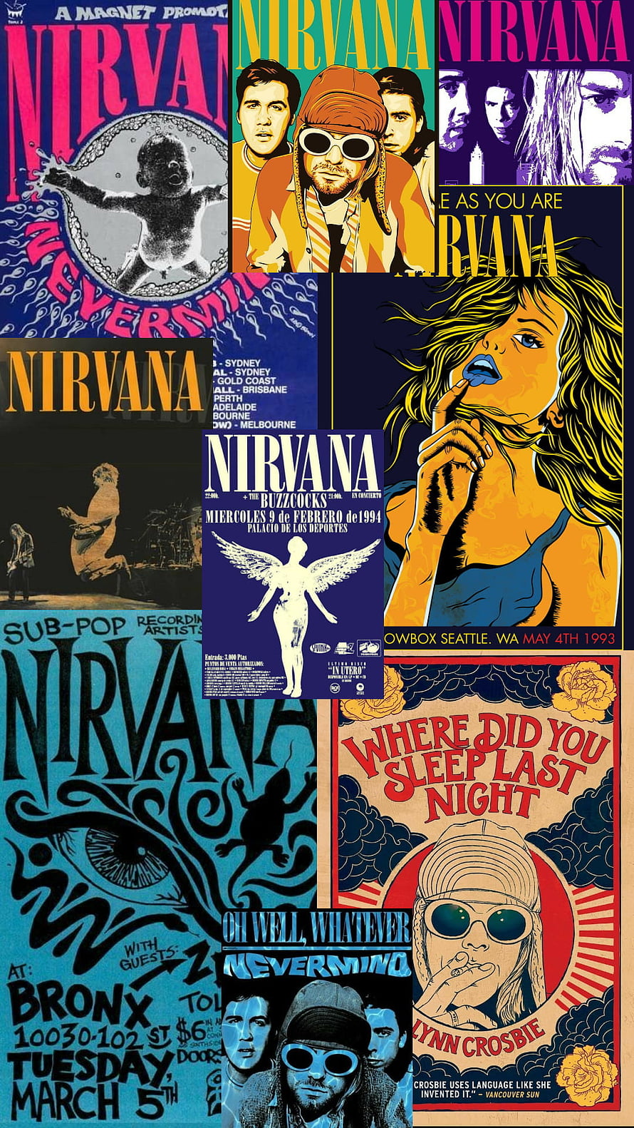 Nirvana Concert Poster Collage Featuring Kurt Cobain and Classic Rock Artwork HD phone wallpaper