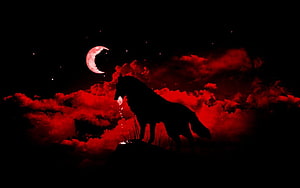 Silhouette of a wolf howling at a red crescent moon against dark crimson clouds HD wallpaper