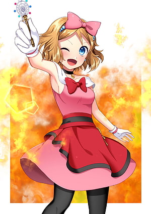 Serena from Pokemon Holding a Poke Ball in a Pink Dress with Fiery Background HD phone wallpaper