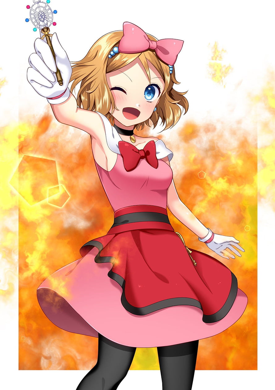 Serena from Pokemon Holding a Poke Ball in a Pink Dress with Fiery Background HD phone wallpaper