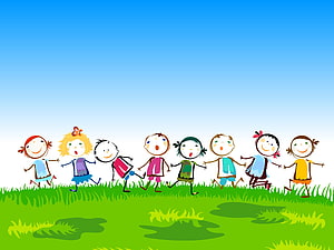 Cute Cartoon Children Playing Together on a Sunny Green Meadow HD wallpaper