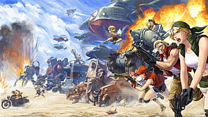 Metal Slug Attack desert battle scene with soldiers, tanks, and aircraft in anime style HD wallpaper