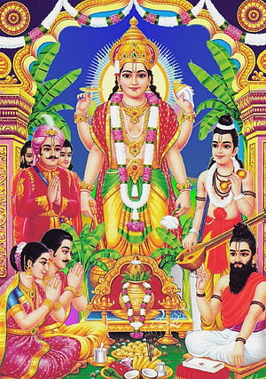 Satyanarayana Swamy Deity with Devotees and Offerings in Traditional Indian Temple Art HD phone wallpaper