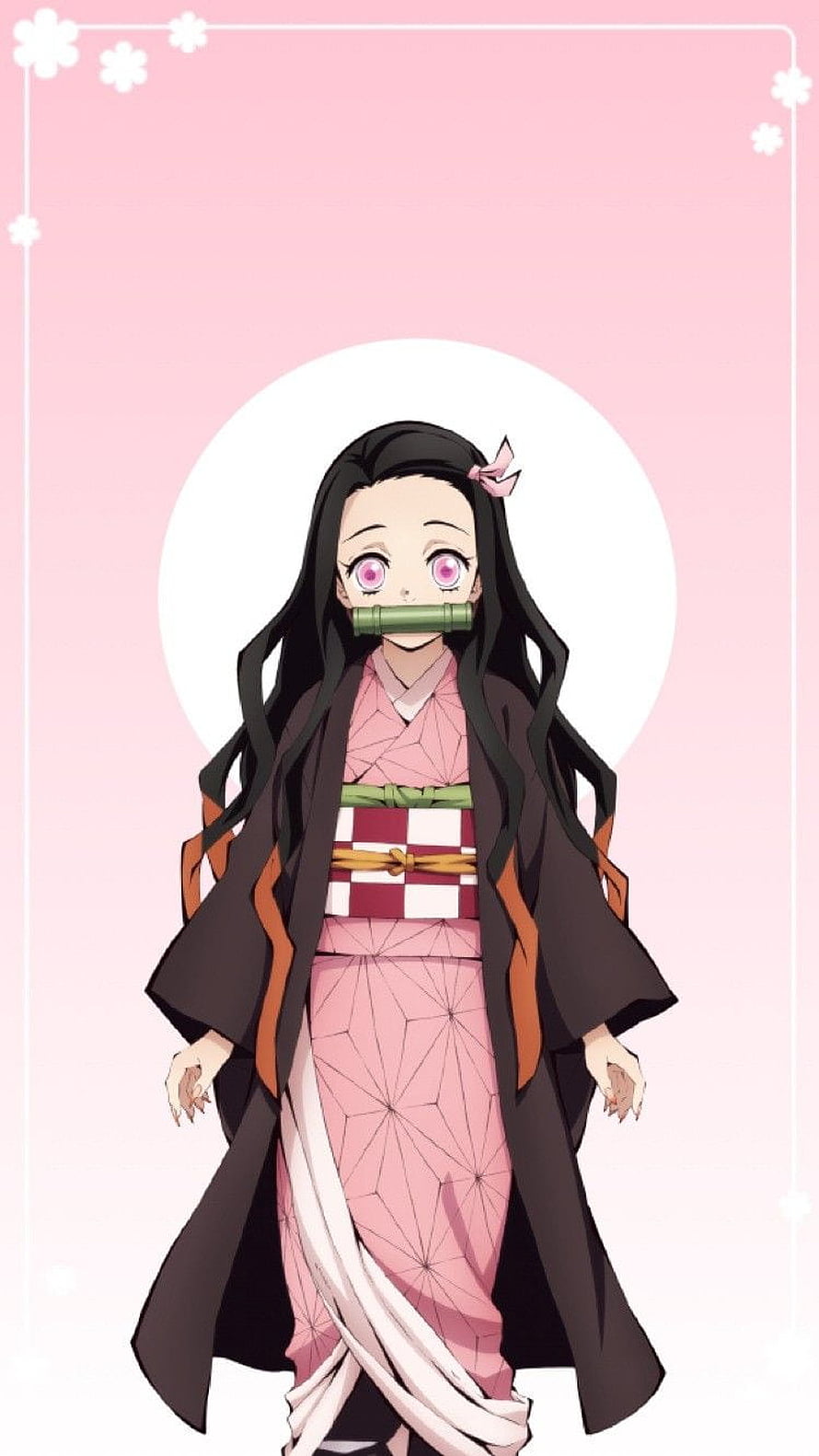 Nezuko Kamado from Demon Slayer in Pink Kimono with Bamboo Cuff on Soft Background HD phone wallpaper