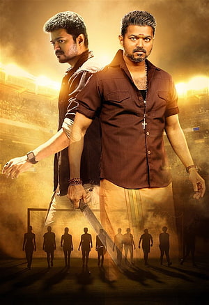 Bigil Movie Poster Featuring Vijay in Dramatic Action Scene with Knife and Stadium Backdrop HD phone wallpaper