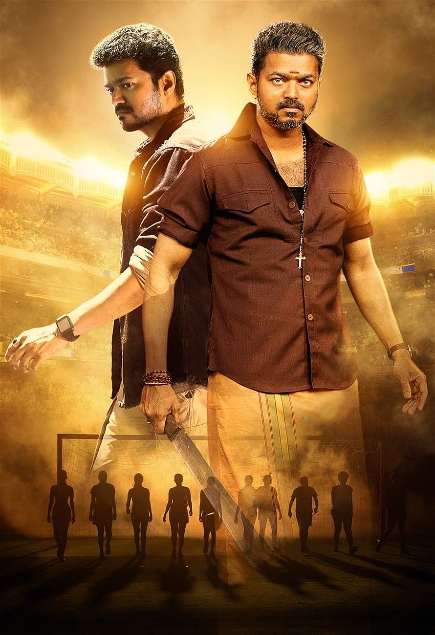 Bigil Movie Poster Featuring Vijay in Dramatic Action Scene with Knife and Stadium Backdrop HD phone wallpaper