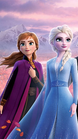 Anna and Elsa from Disney Frozen standing together in a snowy mountain landscape at sunset HD phone wallpaper