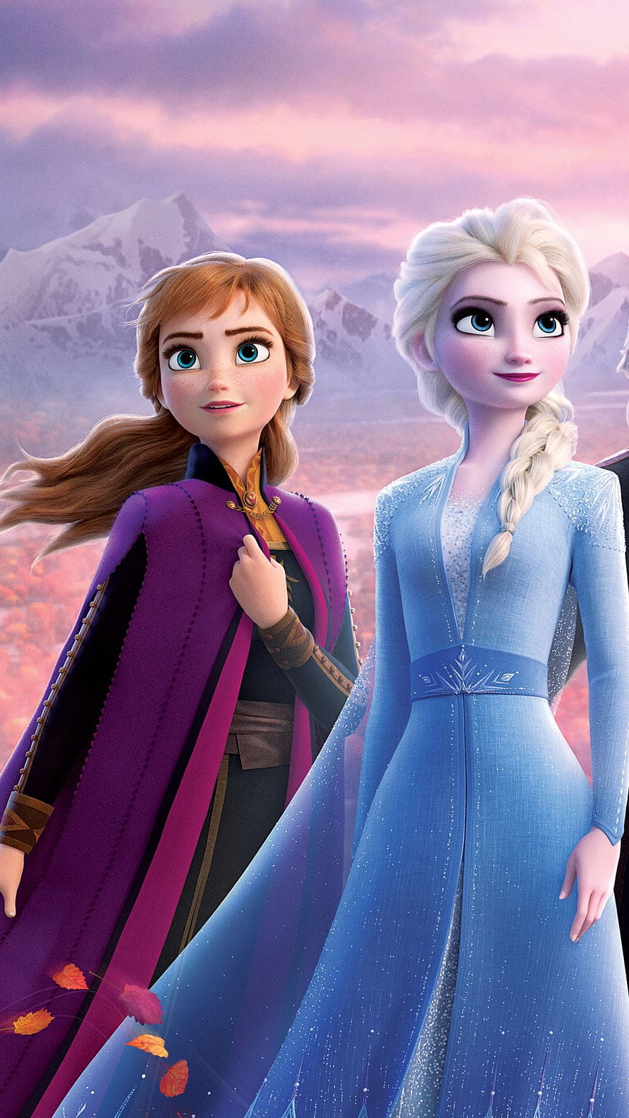 Anna and Elsa from Disney Frozen standing together in a snowy mountain landscape at sunset HD phone wallpaper
