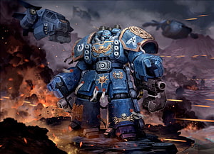 Warhammer 40k Ultramarines Dreadnought Battling Through Explosive Battlefield Chaos HD wallpaper