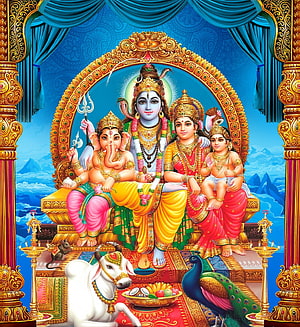 Lord Shiva, Parvati, Ganesha, and Kartikeya Seated on a Golden Throne with Nandi and Peacock HD phone wallpaper