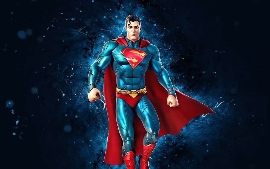 Superman Fortnite Skin 3D Render with Blue Neon Energy Background HD wallpaper