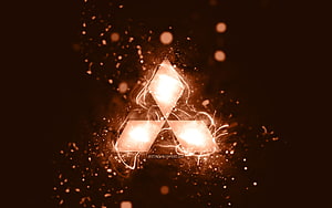 Glowing Mitsubishi Logo With Electric Sparks And Particles On Dark Brown Background HD wallpaper
