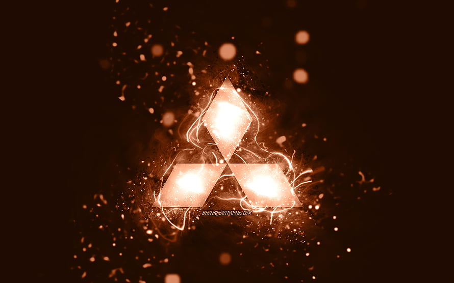 Glowing Mitsubishi Logo With Electric Sparks And Particles On Dark Brown Background HD wallpaper