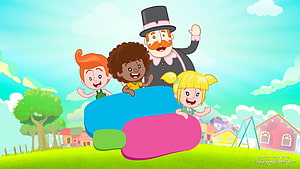 Mundo Bita Cartoon Characters Waving in Colorful Suburban Park Scene HD wallpaper
