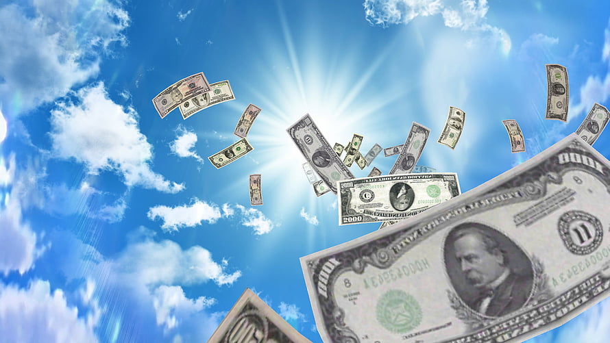 US Dollar Bills Falling Through a Bright Blue Sky With Sunburst Rays HD wallpaper
