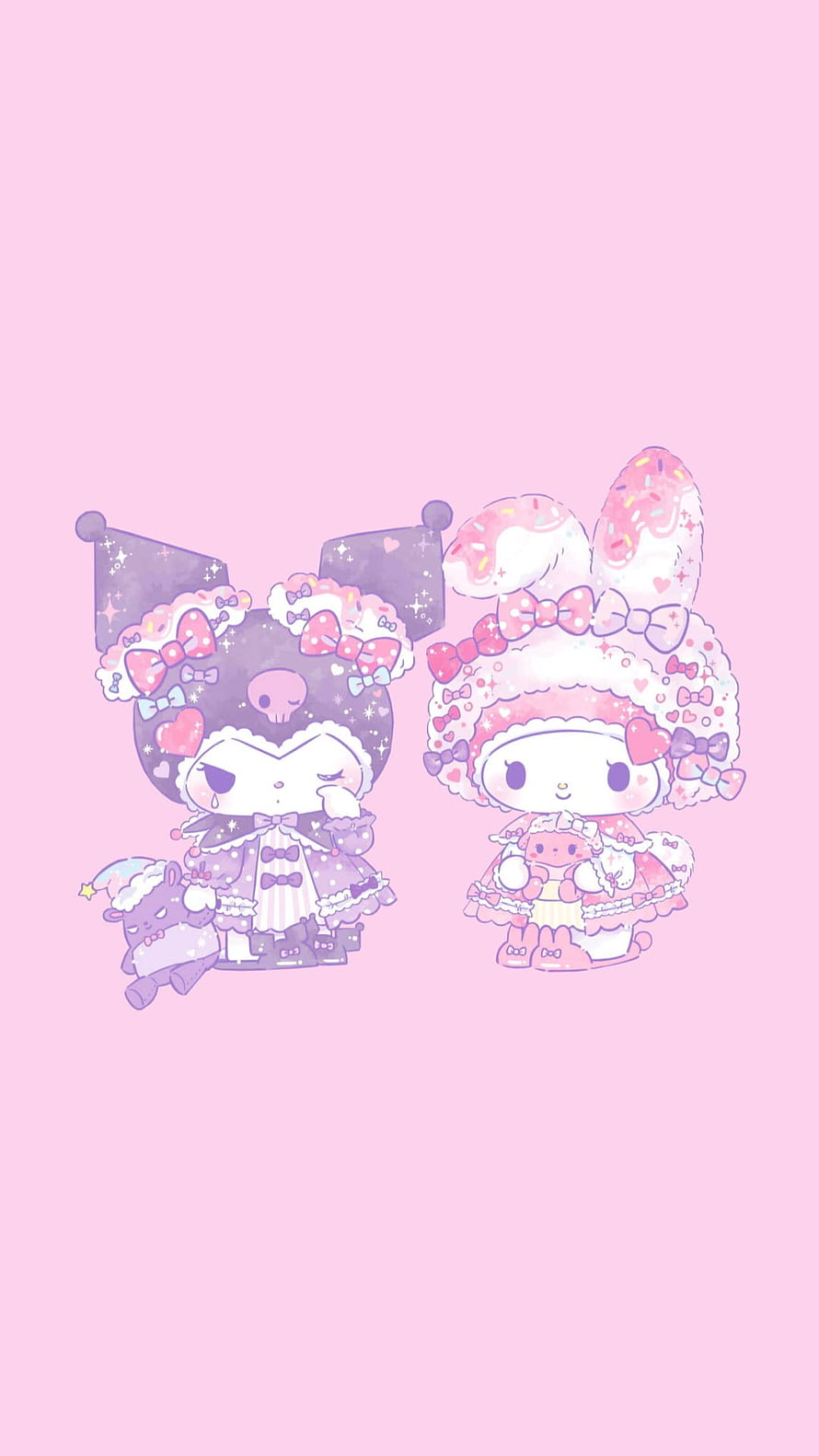 Sanrio Kuromi and My Melody in pastel gothic and sweet kawaii outfits with plush toys on a soft pink background HD phone wallpaper