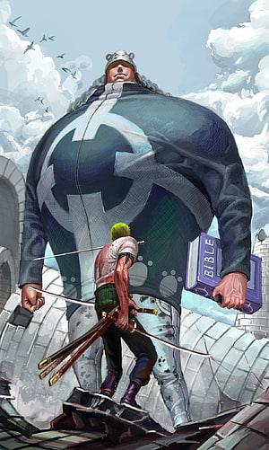 One Piece Concept Art: Roronoa Zoro Confronting the Giant Kuma on a Rooftop HD phone wallpaper