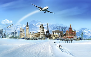 Winter Travel Fantasy: World Landmarks in Snow with Airplane and Skiers HD wallpaper