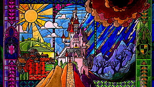 Beauty and the Beast Stained Glass Artwork Featuring Castle, Storm, and Village HD wallpaper