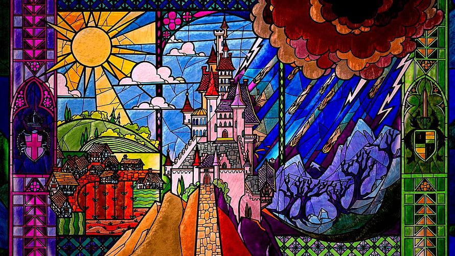 Beauty and the Beast Stained Glass Artwork Featuring Castle, Storm, and Village HD wallpaper