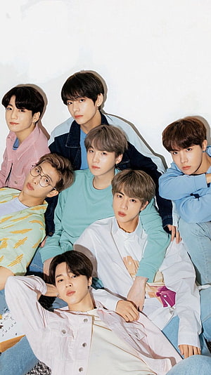 BTS Group Portrait in Pastel Tones Against a White Studio Backdrop HD phone wallpaper