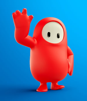 Red Fall Guys Character Waving on a Bright Blue Background HD phone wallpaper