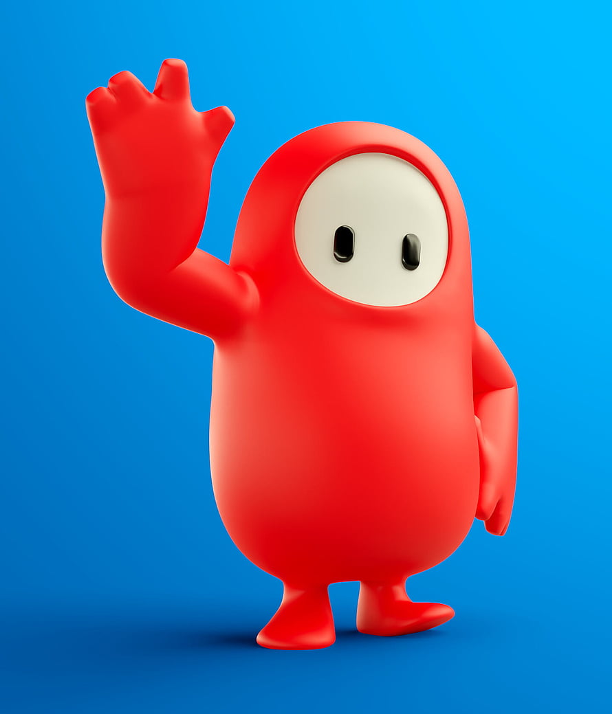 Red Fall Guys Character Waving on a Bright Blue Background HD phone wallpaper