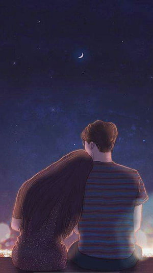 Romantic Anime Couple Gazing at Crescent Moon and Starry Night Sky HD phone wallpaper