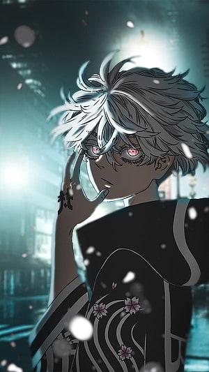 Kawaragi Senju from Tokyo Revengers in a moody anime portrait with glowing red eyes and falling petals HD phone wallpaper