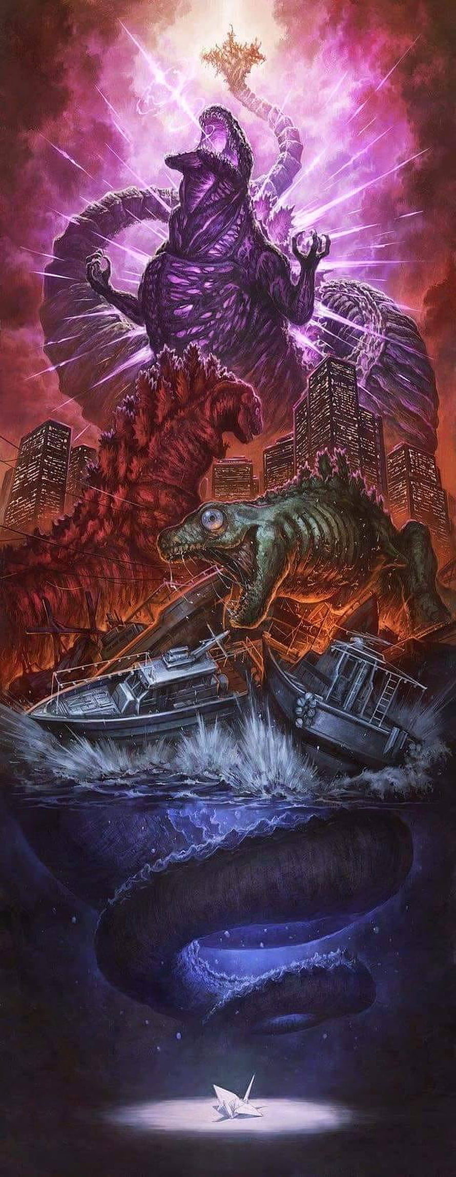 Shin Godzilla Evolution Concept Art Featuring Multiple Kaiju Forms and City Destruction HD phone wallpaper
