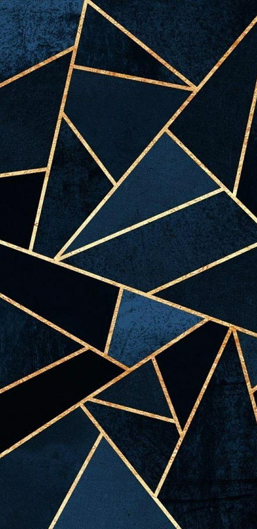Elegant Geometric Pattern with Gold Lines on Dark Navy Blue Textured Background HD phone wallpaper