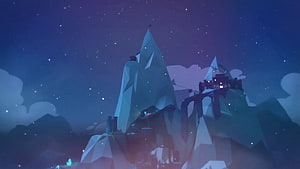 Celeste Mountain Peak at Night with Snowfall and Starry Sky HD wallpaper