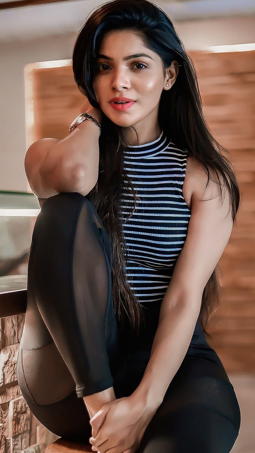 Divya Bharti in a Striped Halter Top and Black Leggings HD phone wallpaper