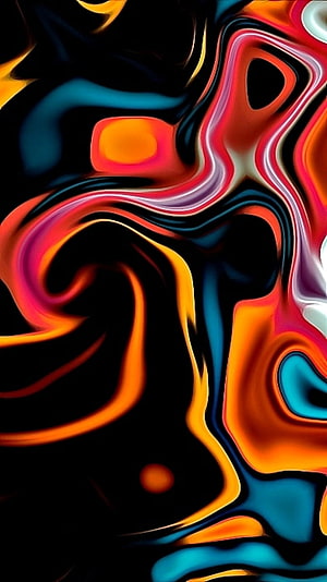 Vibrant Liquid Abstract Art with Neon Orange, Red, and Electric Blue Swirls on Black Background HD phone wallpaper