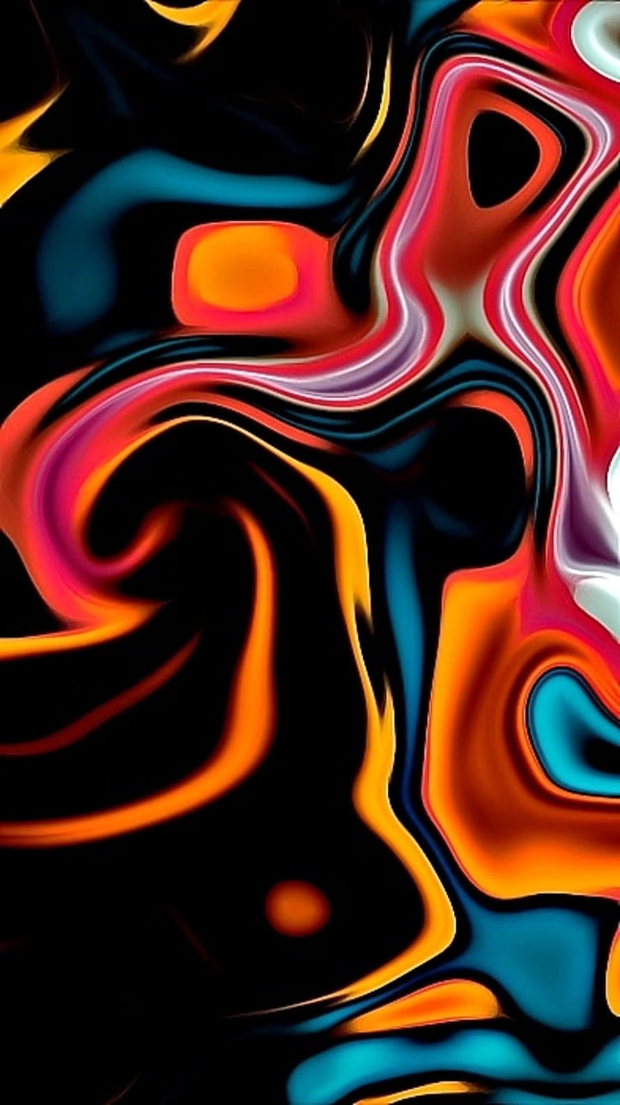 Vibrant Liquid Abstract Art with Neon Orange, Red, and Electric Blue Swirls on Black Background HD phone wallpaper