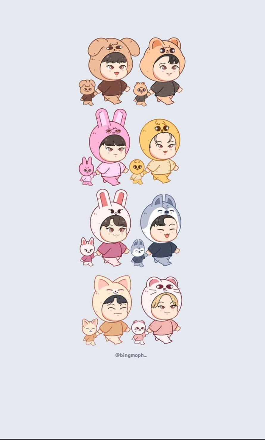 Cute Chibi Stray Kids Members in Animal Costumes with Mini Companions HD phone wallpaper