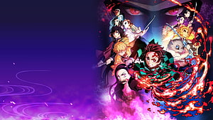Demon Slayer Hashira and Tanjiro Group Artwork with Flame Effects HD wallpaper