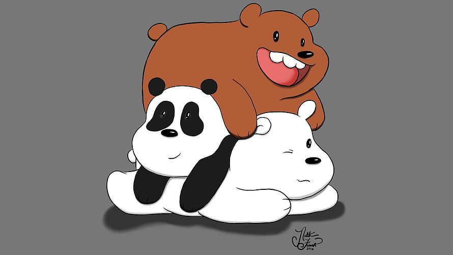 We Bare Bears Cartoon Trio Hugging on Gray Background HD wallpaper