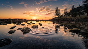 Serene Sunset Over Rocky Shallows With Pine Trees And Water Ripples HD wallpaper