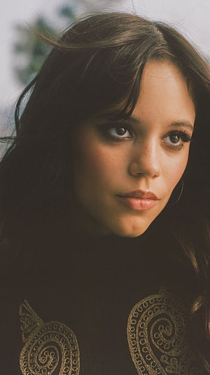 Jenna Ortega Portrait in Dark Embroidered Top with Soft Natural Lighting HD phone wallpaper