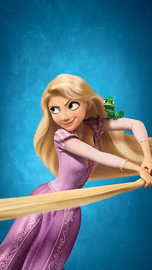 Rapunzel and Pascal from Tangled in a playful pose with long blonde hair against a blue background HD phone wallpaper