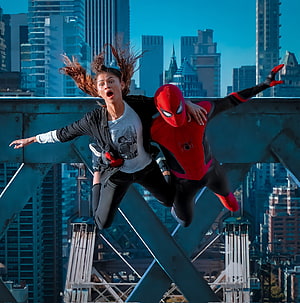 Spider-Man and MJ Leaping Over a Steel Bridge in a City Skyline, Spiderman, red, Tom Holland, Peter Parker, mj, no way home HD phone wallpaper